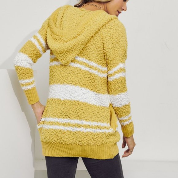 Striped Popcorn Knit Long Sleeve Hooded Sweater - Picture 2 of 5